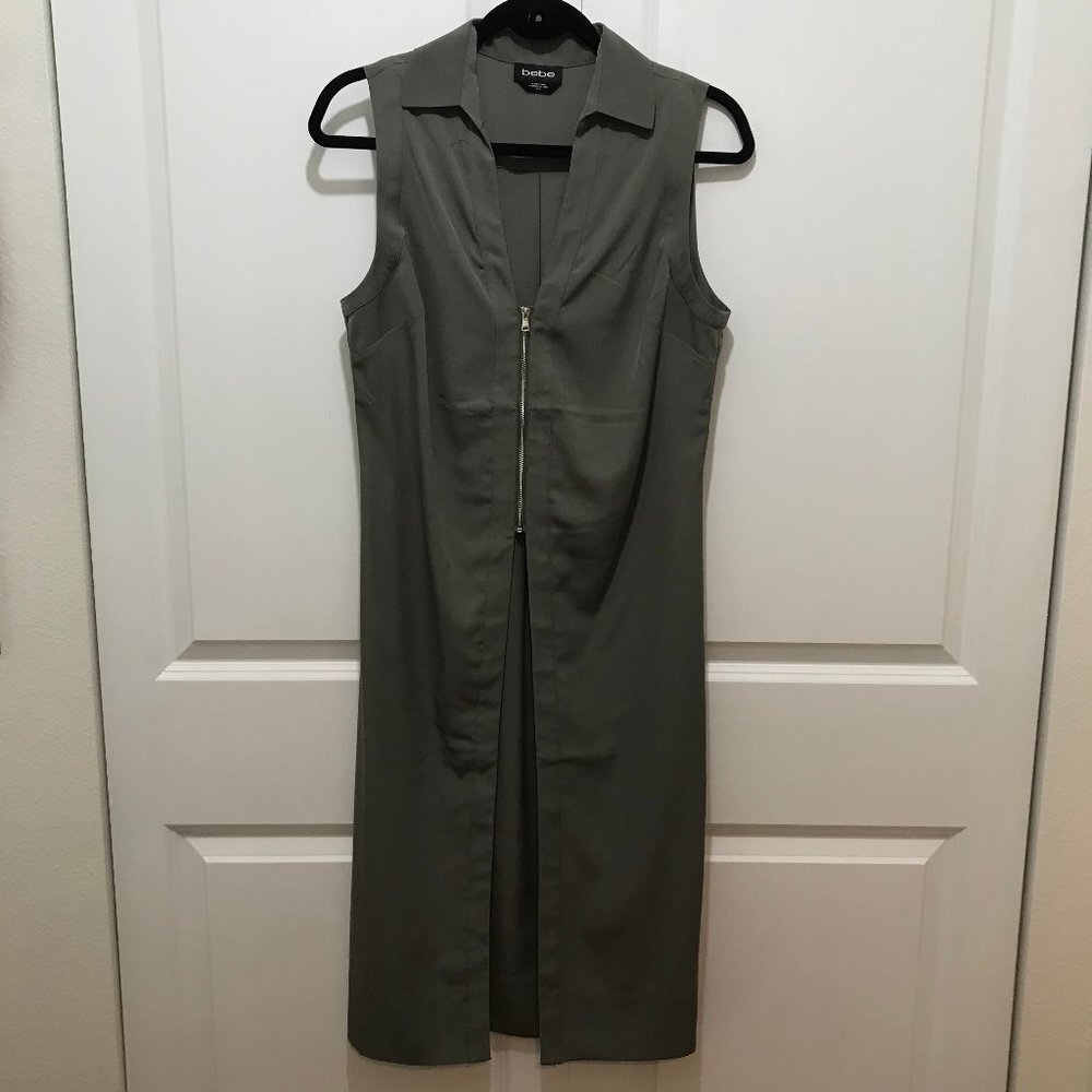 Bebe Dark Green Long Vest with Zip Front & Collar